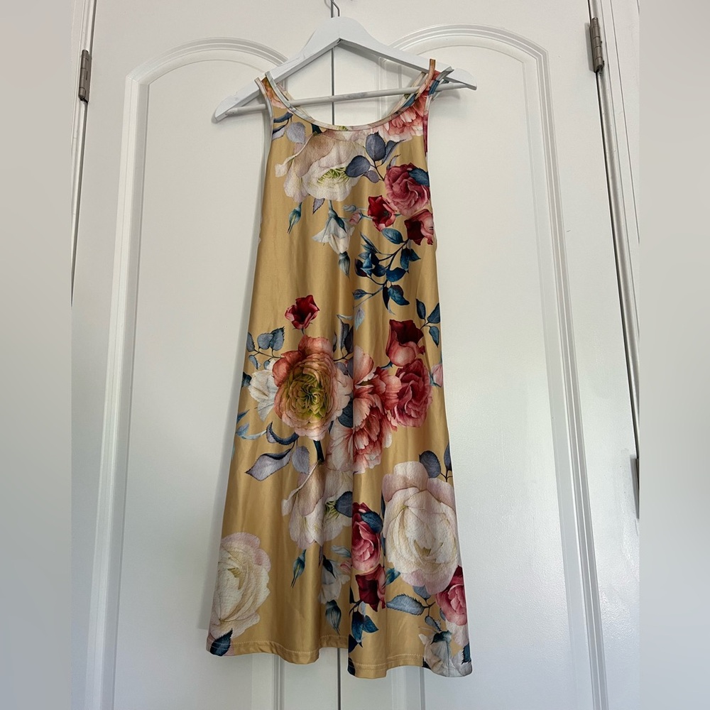 LoveU.Dear Floral Sleeveless Beach Tank Dress Swim Cover up Tan Blue Pink SZ L